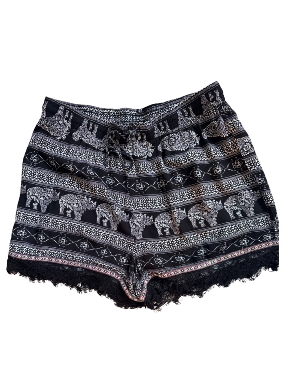 Molly Bracken Boho Lace Trim Shorts Black White Print Size M
